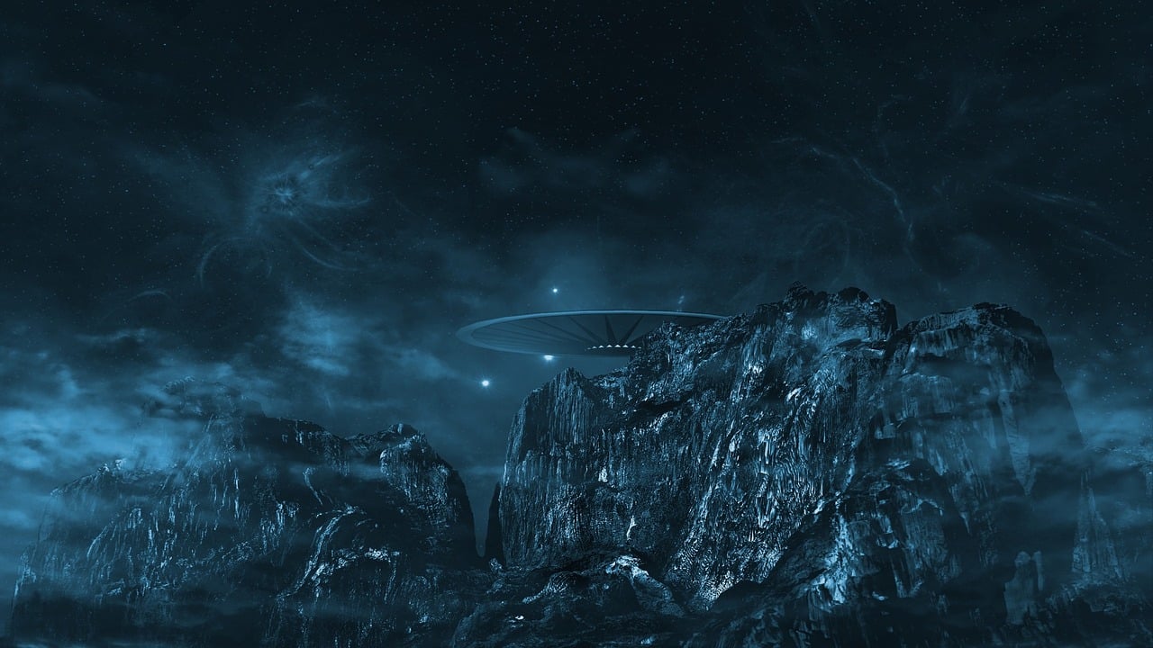 Alien Cliffs Under Blue Nebula Sky