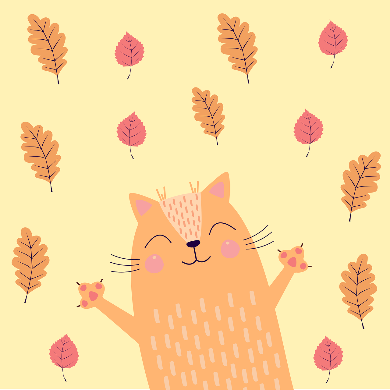 Autumn Cat Illustration with Leaves