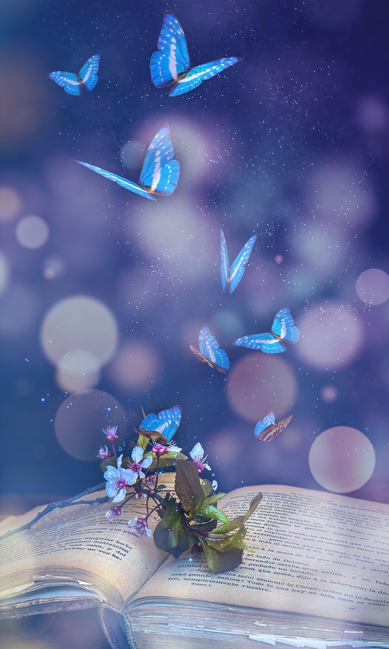 Blue Butterflies Over Open Book