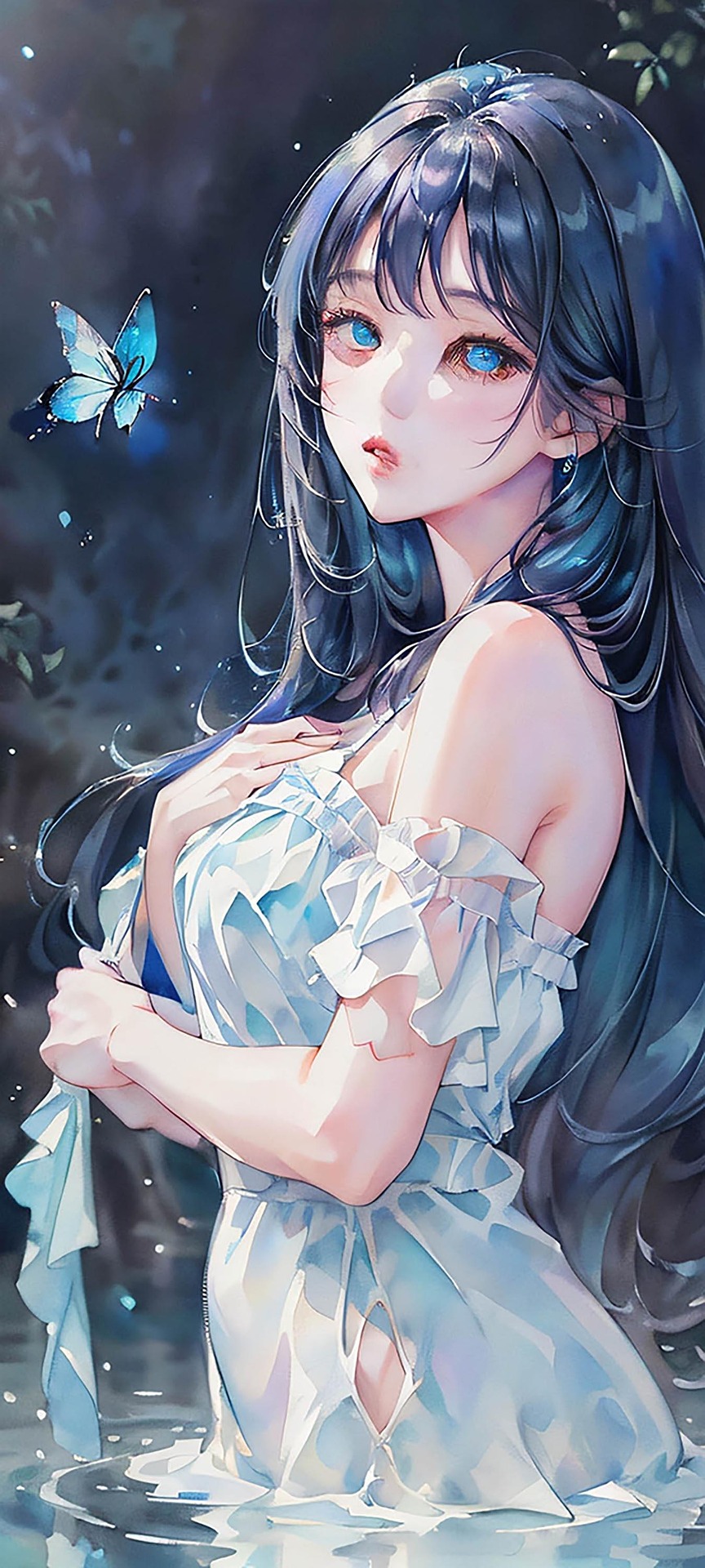 Blue Butterfly Anime Girl Portrait
