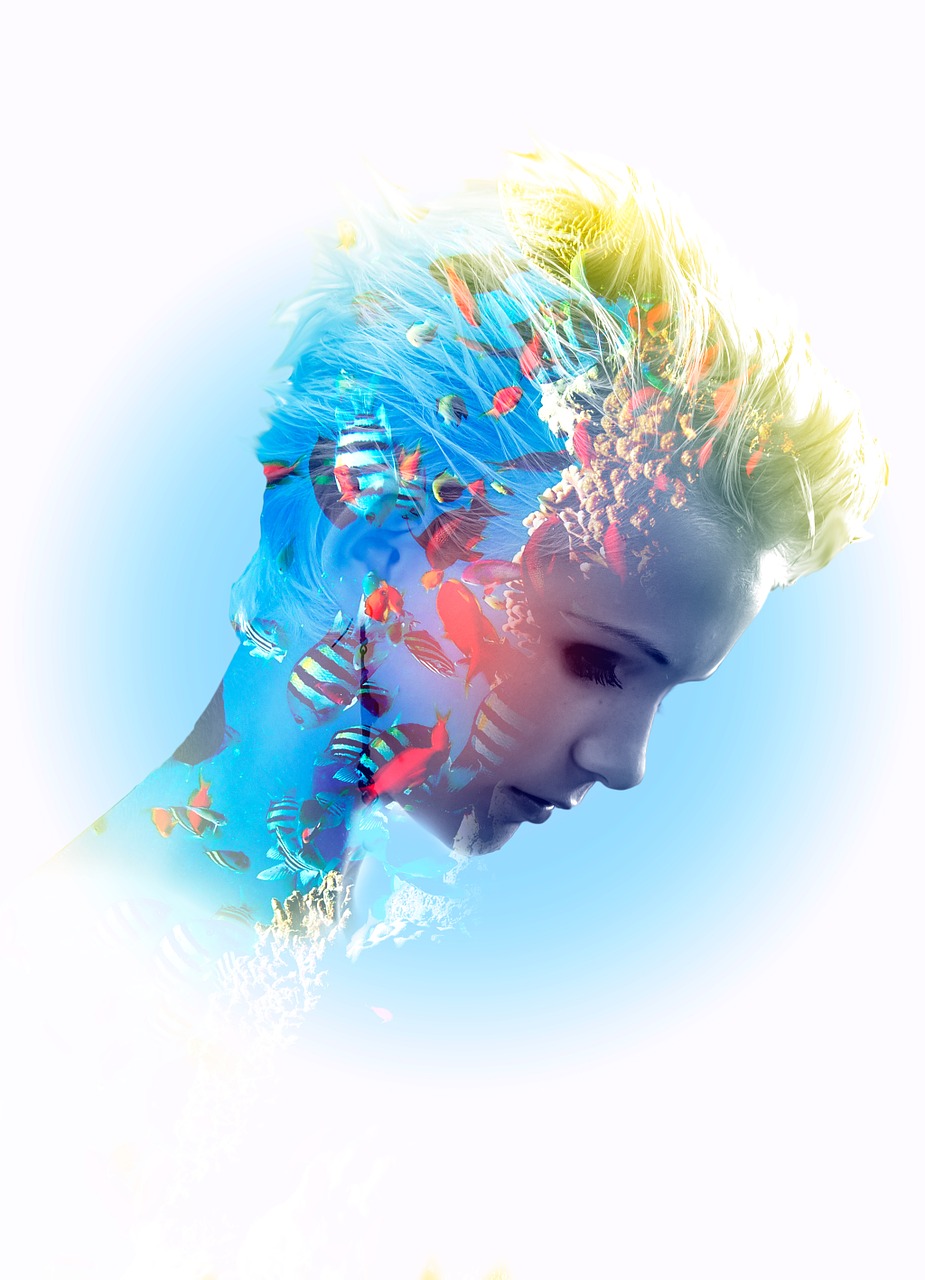 Blue Double Exposure Portrait with Tropical Fish