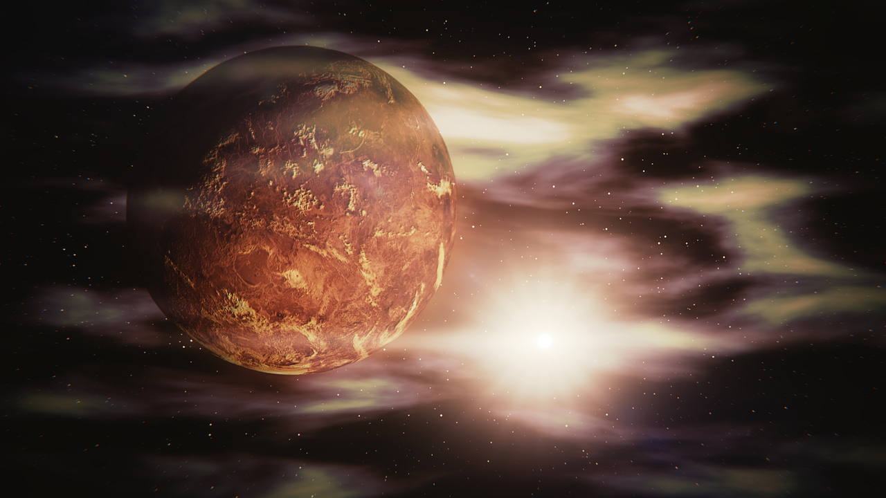 Burning Planet in Golden Space Clouds