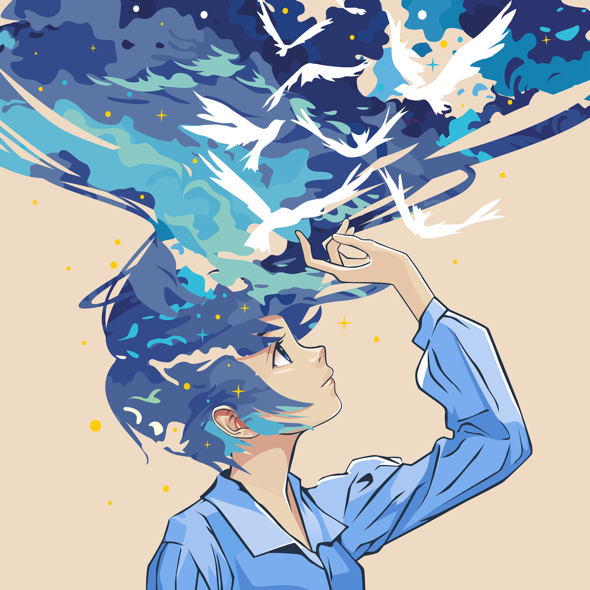 Cosmic Blue Anime Girl with White Birds