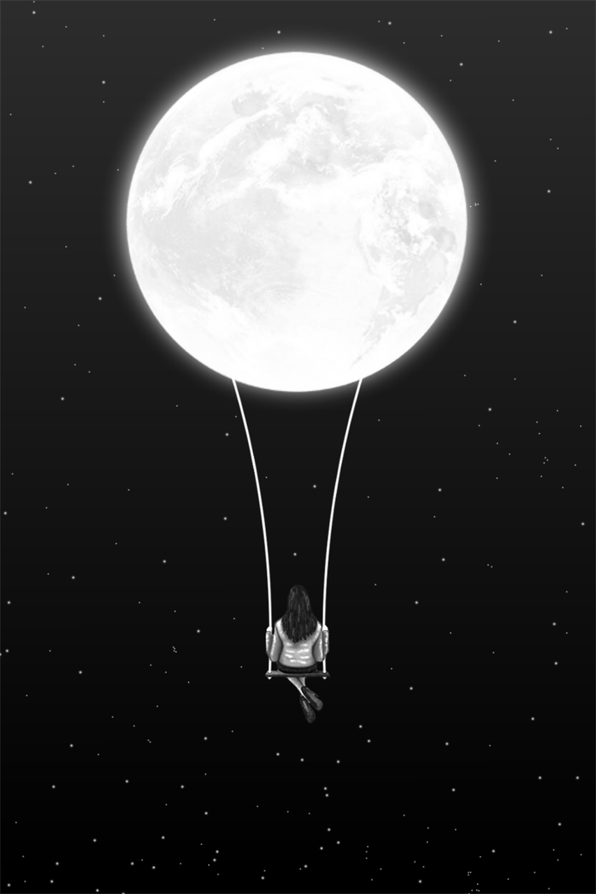 Girl on Swing Beneath Full Moon