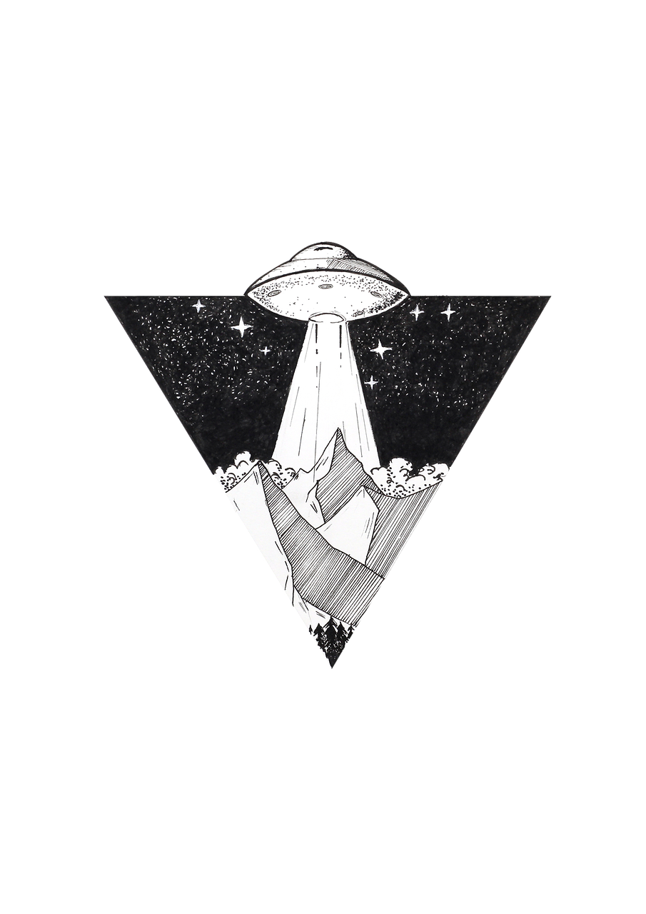 Monochrome UFO Beam over Mountain Sketch