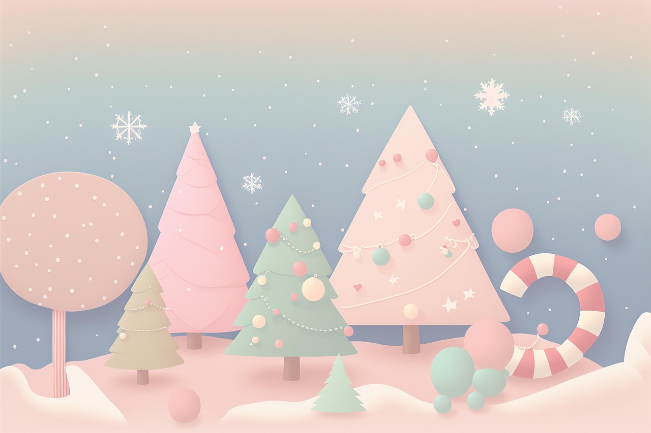 Pastel Christmas Trees and Candy Scene