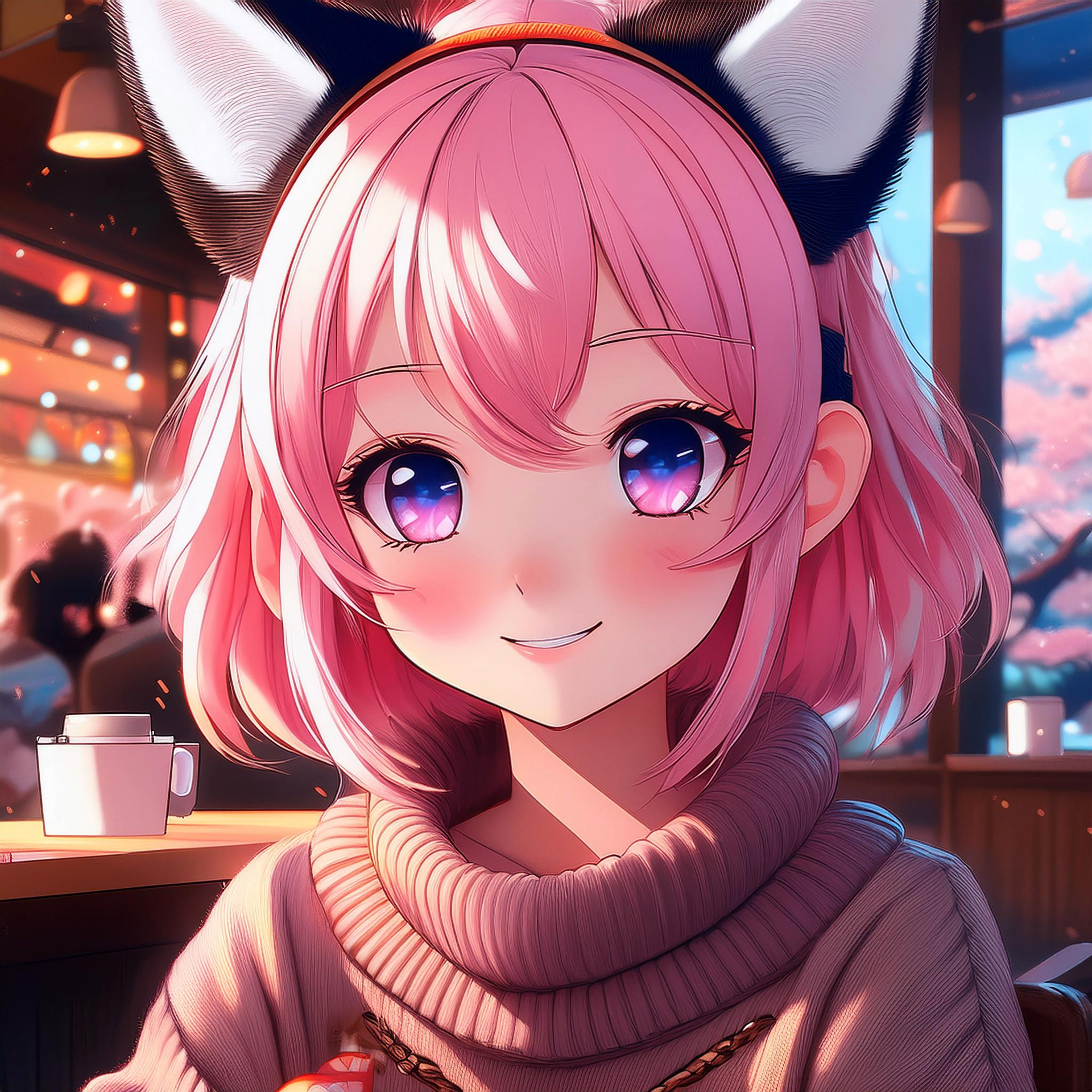 Pink-Haired Anime Girl Cafe Portrait