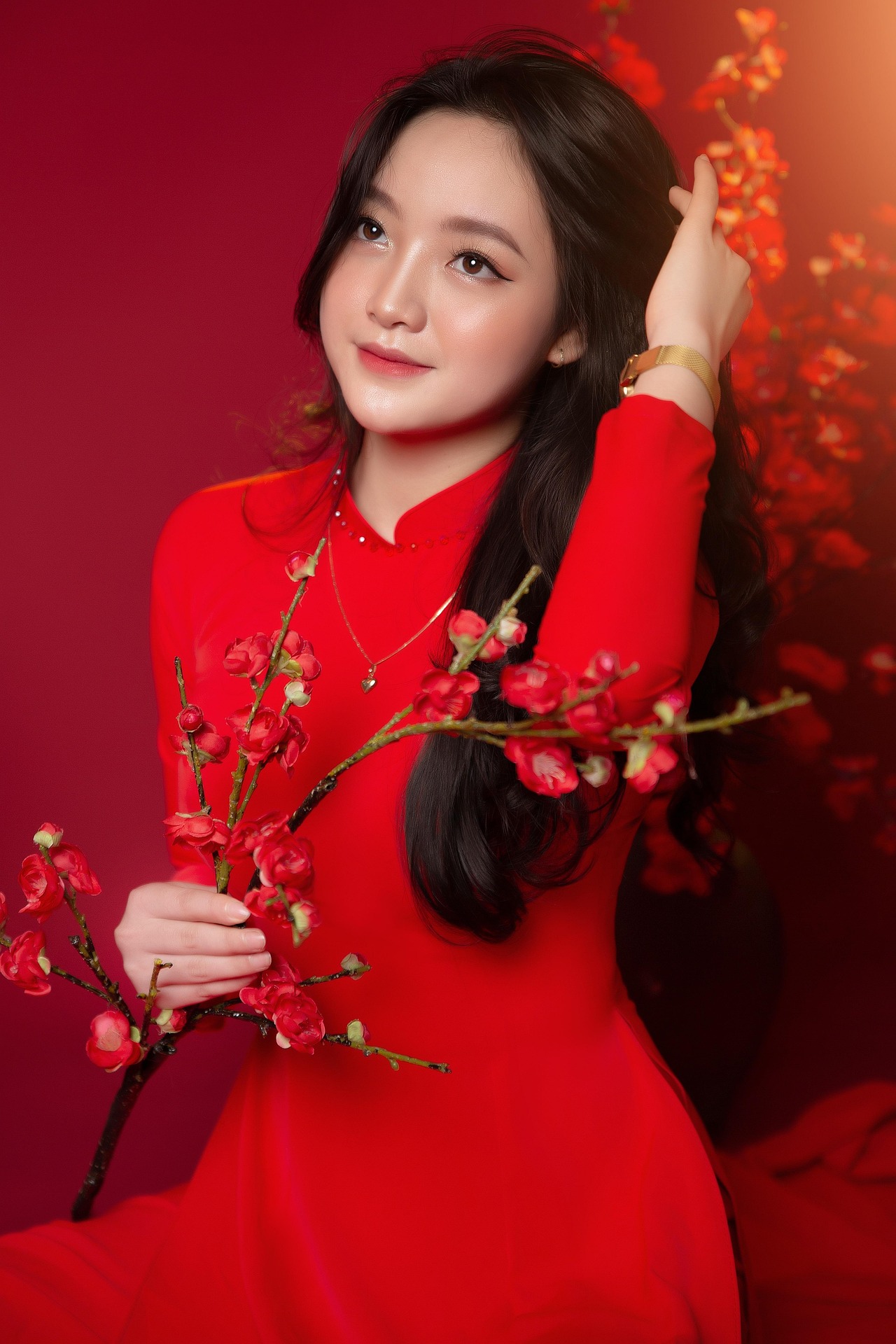 Red Dress Portrait with Blossoms