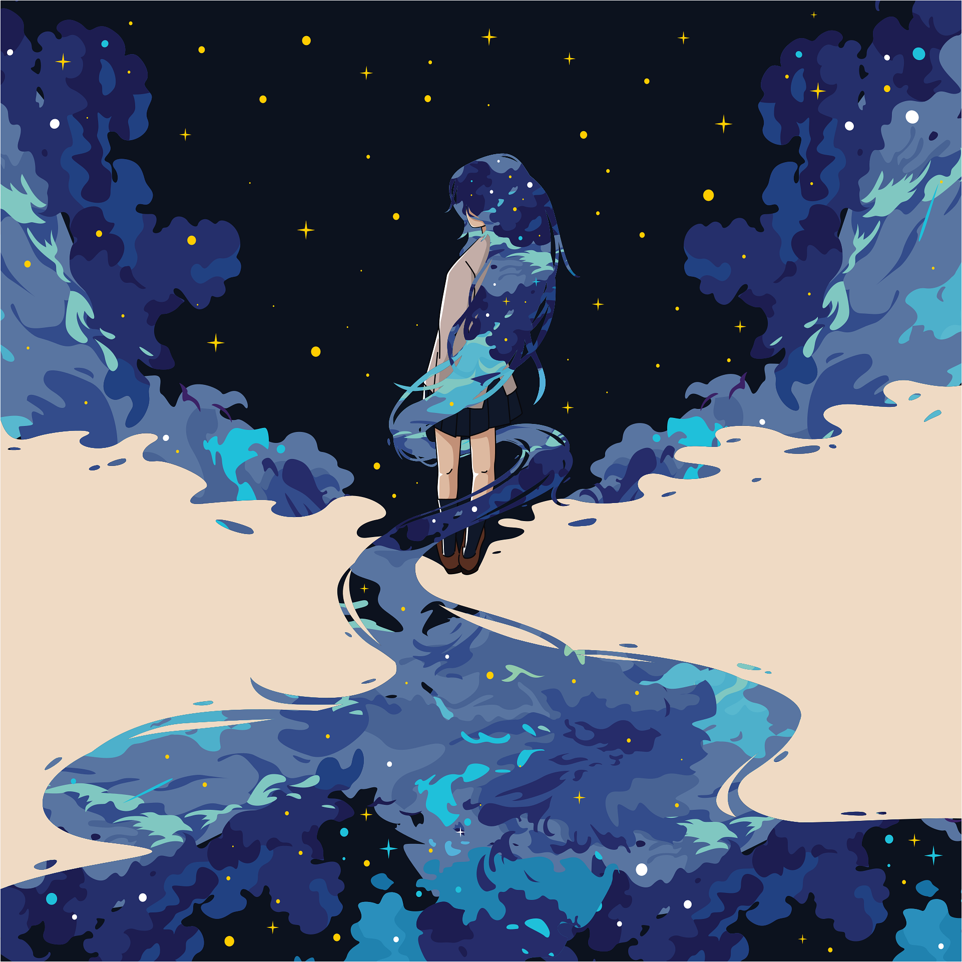 Starry Night Anime Girl Landscape