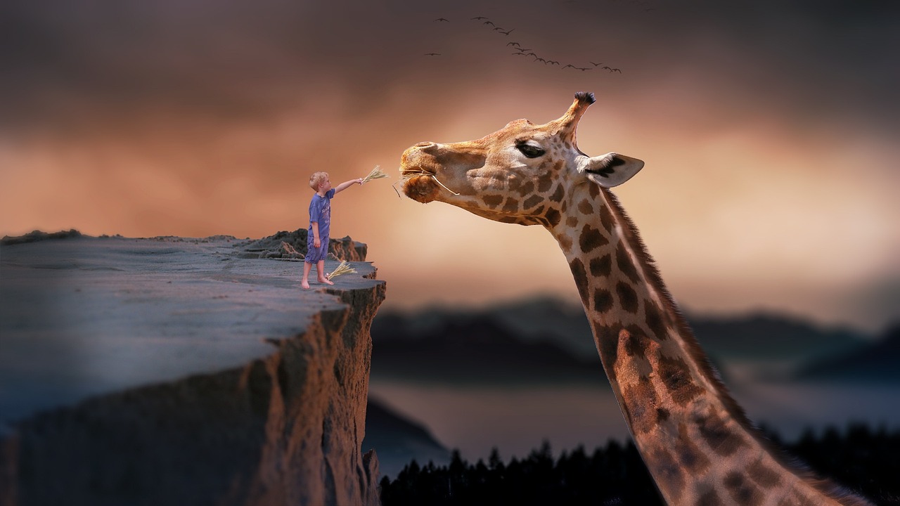 Surreal Giraffe and Child at Sunset