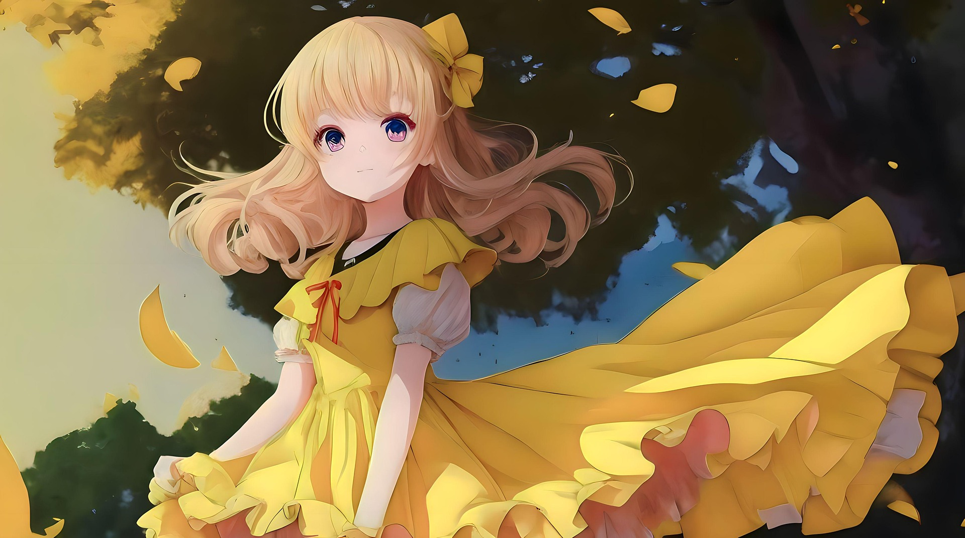 Yellow Dress Anime Girl with Petals